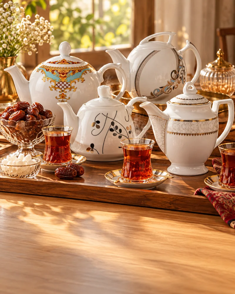 قوری‌های چینی طرح‌دار کنار استکان چای