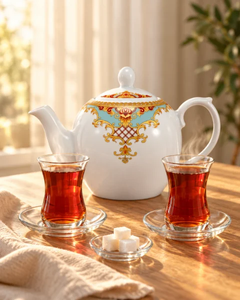 قوری چینی طرح‌دار و دو استکان چای