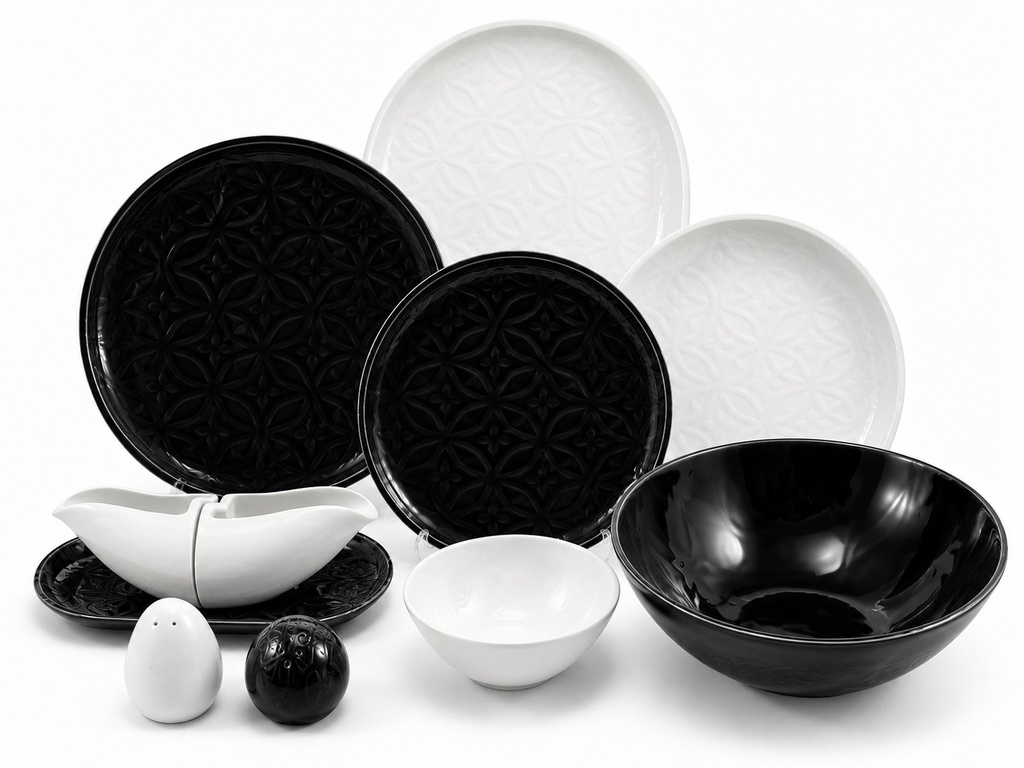 سرویس چینی 31 پارچه سنگی  سفید مشکی  f-6-0075